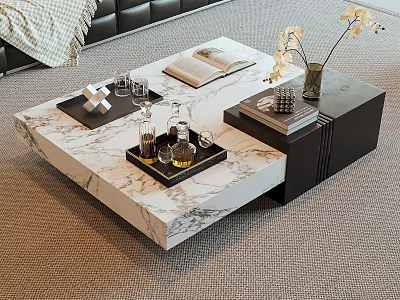 Modern Coffee Table With Marble Top Decorative Tray Glassware Books And Flower Vase 3d model