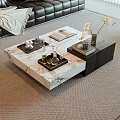 Modern Coffee Table With Marble Top Decorative Tray Glassware Books And Flower Vase