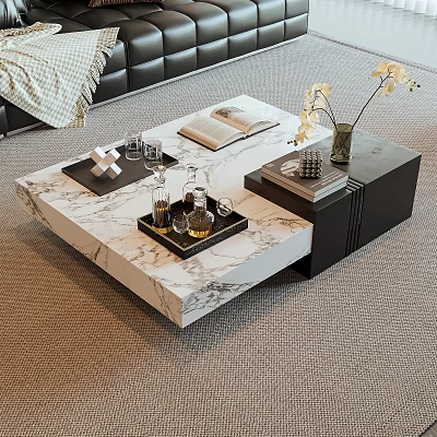 Modern Coffee Table With Marble Top Decorative Tray Glassware Books And Flower Vase 3d model