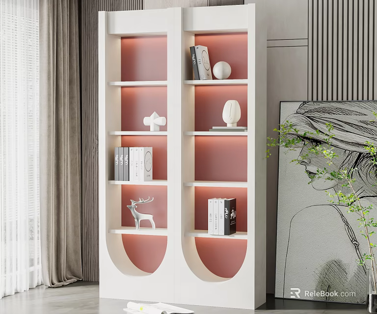 White Decorative Cabinet with Shelves Pink Lighting Books Ornaments and Deer Figurine 3d model 