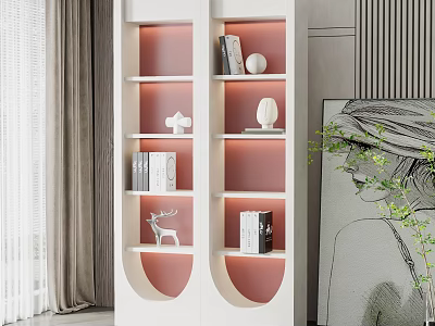 White Decorative Cabinet with Shelves Pink Lighting Books Ornaments and Deer Figurine 3d model