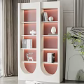White Decorative Cabinet with Shelves Pink Lighting Books Ornaments and Deer Figurine