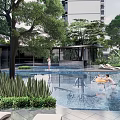 Serene Garden Landscape Design With Swimming Pool Lush Trees Stone Pathway And Loungers