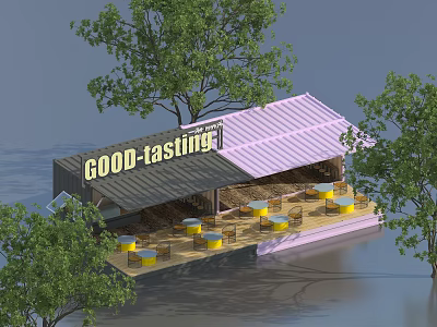 Good Tasting Container Building Outdoor Dining Area With Tables Chairs And Trees 3d model