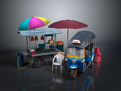 Thai Street Food Cart With Tuk Tuk And Colorful Umbrellas Near Chair 3d model