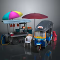 Thai Street Food Cart With Tuk Tuk And Colorful Umbrellas Near Chair