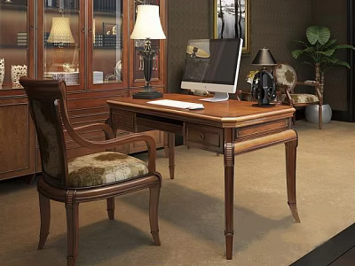 Classic Wooden Desk With Accompanying Chair Table Lamp Computer Monitor Cabinet And Potted Plant 3d model