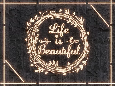 Illuminated Lighting Set with Wreath Design and Life is Beautiful Lettering on Dark Stone Wall 3d model
