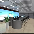Modern Monitoring Room Interior With Large Screen Wall Control Console And Office Chairs