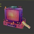 Retro Computer Monitor In Purple Pink With Top Console Small Plants And Remote Control