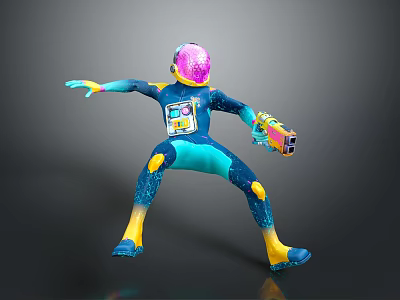 Sci Fi Character in Action Pose with Pink Helmet Teal Body and Colorful Weapon 3d model
