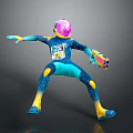 Sci Fi Character in Action Pose with Pink Helmet Teal Body and Colorful Weapon