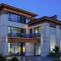 Modern Style Detached Villa With Large Windows Balcony Stone Exterior And Green Plants