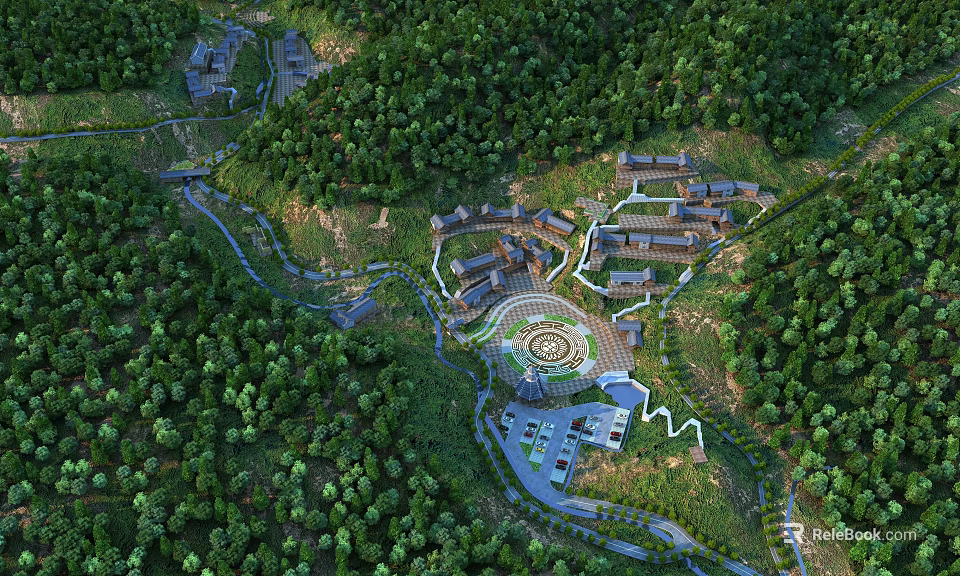Aerial Planning of Building Complex in Green Forest With Winding Roads and Central Circular Layout 3d model 