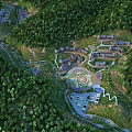 Aerial Planning of Building Complex in Green Forest With Winding Roads and Central Circular Layout