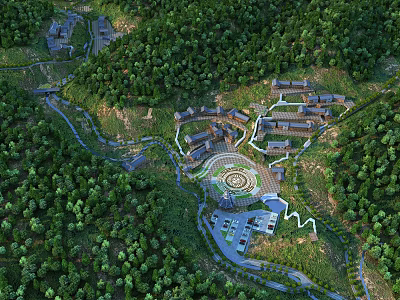 Aerial Planning of Building Complex in Green Forest With Winding Roads and Central Circular Layout 3d model