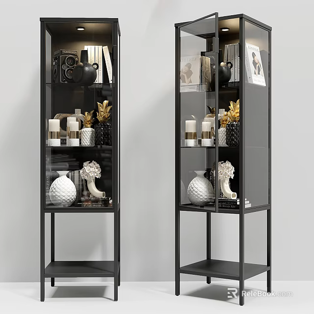 Modern Black Display Shelves With Glass Doors Holding Vases Candlesticks And Books 3d model 
