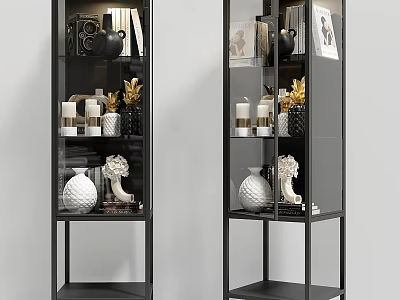 Modern Black Display Shelves With Glass Doors Holding Vases Candlesticks And Books 3d model