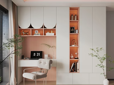 Kids Room Interior Design With Desk Chair Bookshelf Cabinets And Plants 3d model