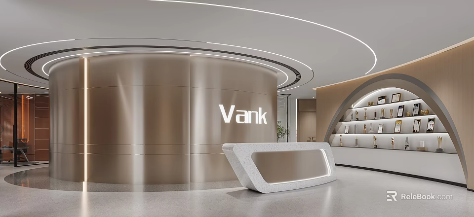 Modern Vank White Reception Desk With Curved Metallic Wall And Interior Design 3d model 