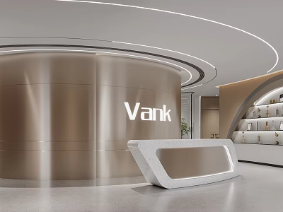 Modern Vank White Reception Desk With Curved Metallic Wall And Interior Design 3d model