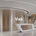 Modern Vank White Reception Desk With Curved Metallic Wall And Interior Design