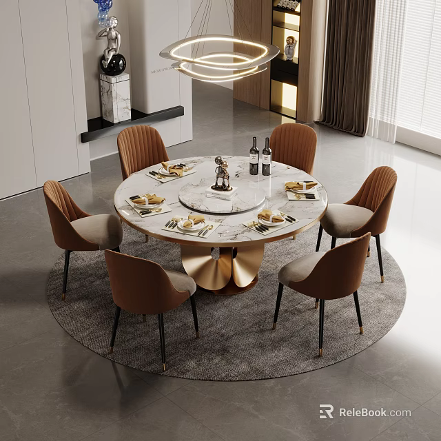 Modern Round Dining Table Set With Marble Tabletop Six Brown Upholstered Chairs Gold Base 3d model