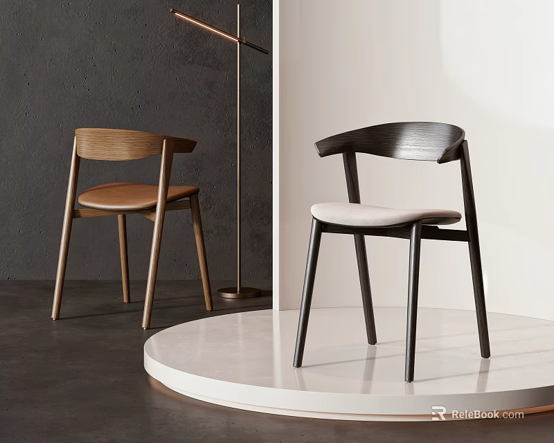 Modern Accent Chairs In Wood And Dark Finish With Light Cushion On White Circular Platform 3d model 