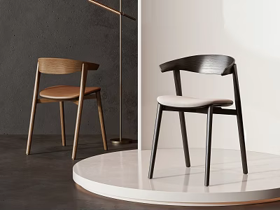 Modern Accent Chairs In Wood And Dark Finish With Light Cushion On White Circular Platform 3d model