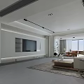 Modern Living Dining Room With Arched Ceilings Large Windows Beige Sofa And Orange Accent Chair