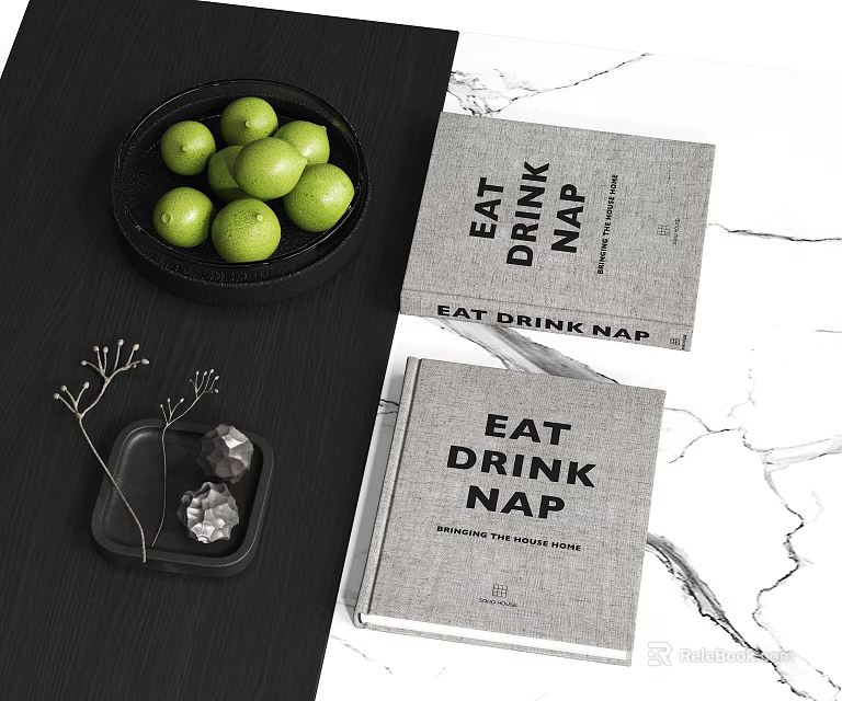 Elegant Decorative Ornament Set With Green Fruits Black Plate Gray Books And Dried Flowers 3d model 