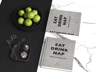 Elegant Decorative Ornament Set With Green Fruits Black Plate Gray Books And Dried Flowers 3d model