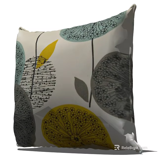 Artistic Decorative Pillow with Yellow Green Gray Circular Patterns and Leaf Designs 3d model 
