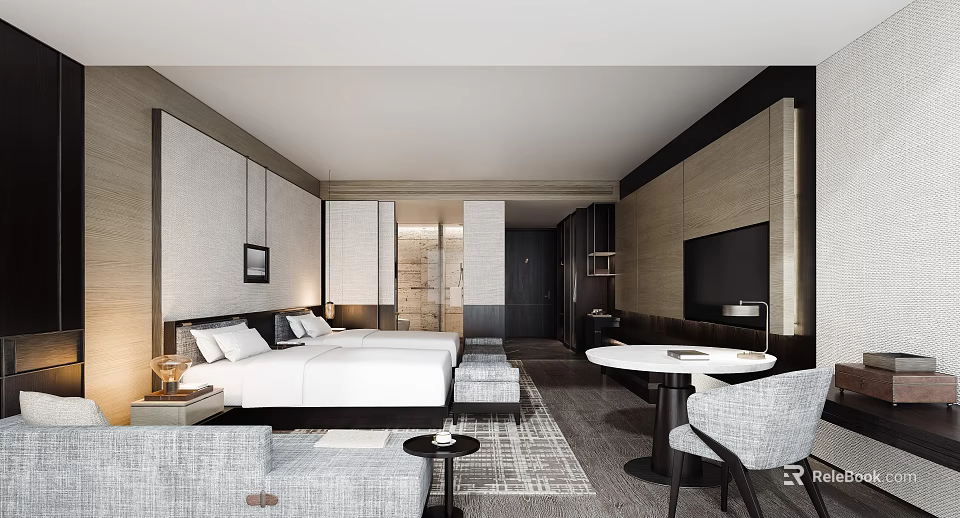 Modern Hotel Room With Beds Sofa And Round Table 3d model