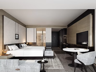 Modern Hotel Room With Beds Sofa And Round Table 3d model