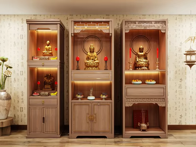 Traditional Wooden Buddhist Shrine Cabinet With Buddha Statues Offerings And Decorative Lanterns 3d model