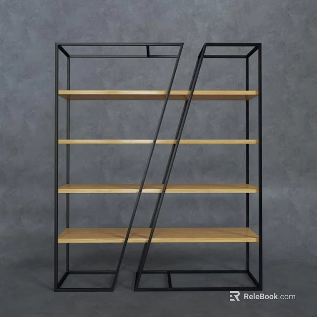 Modern Open Shelving Unit With Black Metal Frame And Wooden Shelves 3d model 