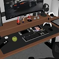 Entertainment Room With Computer Monitor Headphones Game Controller Laptop Game Console And Small Figurines