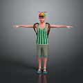 Man Wearing Red And Green Hat Green Striped Vest Green Shorts Backpack Arms Outstretched