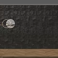 Dark Stone Brick Feature Wall With Embedded Lighting Circular Mirror Green Plant And Wooden Floor