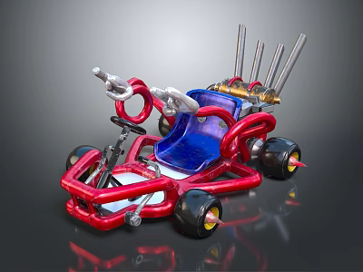 Stylish Red Frame Go-Kart With Blue Seat Black Wheels And Metal Parts Design 3d model