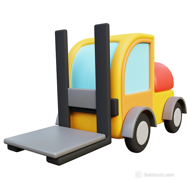 Yellow Forklift Truck with Black Forks Gray Pallet Red Seat Blue Windows for Cargo Handling 3d model 