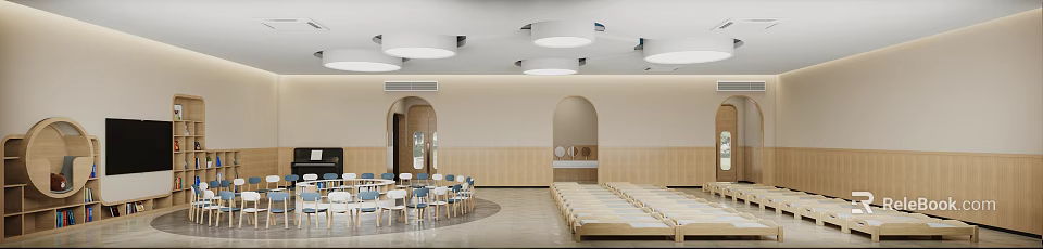 Cozy Kindergarten Interior With Tables Chairs Nap Beds And Circular Lights 3d model 