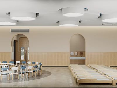 Cozy Kindergarten Interior With Tables Chairs Nap Beds And Circular Lights 3d model