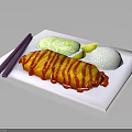 Crispy Fried Chicken With Red Sauce On White Plate Served With Rice And Vegetables