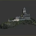 Cartoon Scenic Castle on Lush Green Hill with Multiple Towers and Trees