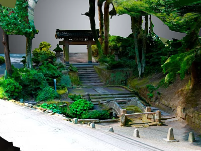 Traditional Japanese Garden With Wooden Pavilion Stone Steps Lush Greenery And Trees 3d model