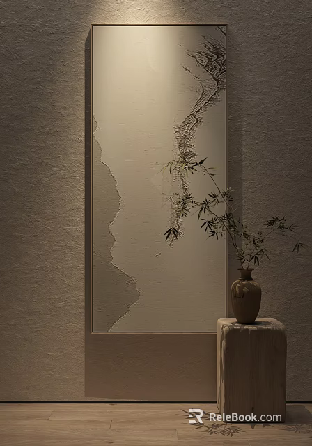 Minimalist Wall Art With Abstract Lines And Bamboo In Ceramic Vase On Small Table 3d model 