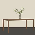 Brown Wooden Dining Table With Vase And Green Branches Against Light Colored Wall And Floor 3d model