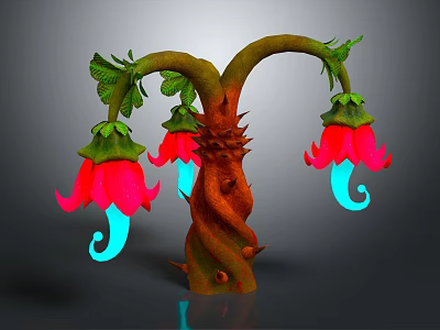 Unique Fantasy Plant with Twisted Trunk Spiked Red Flowers Green Leaves and Blue Curled Tips 3d model